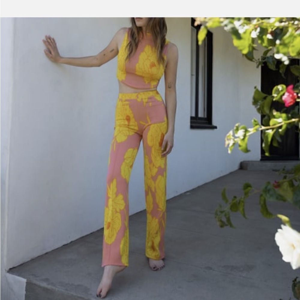 Zara pink yellow floral retro 60’s pull on pants high rise medium m - Picture 2 of 7